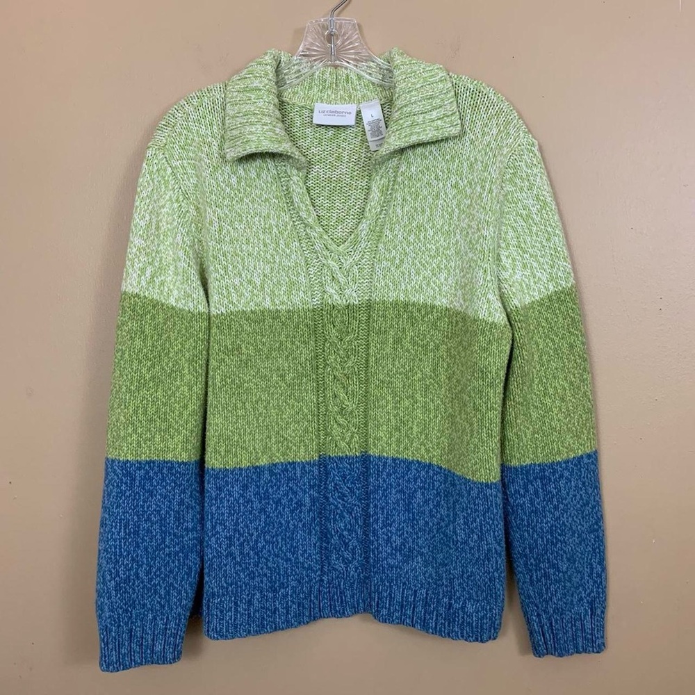 Liz Claiborne Sweater Womens Large Green Blue Knit Color Block Casual Pullover